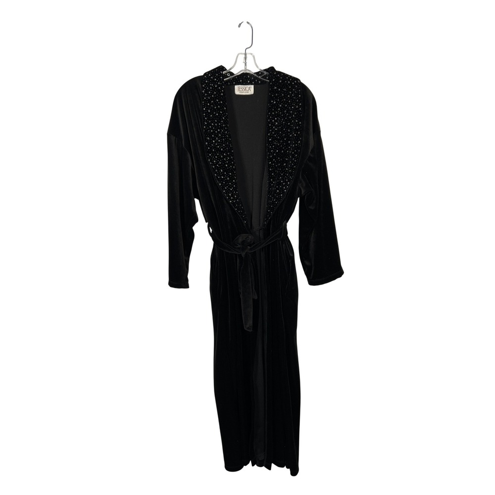 Vintage Jessica Black Velvet Robe Glitter Snowflake Long Housecoat Large 14-16